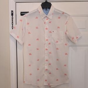 Men's Izod White Casual Button Down Short Sleeve Shirt W/ Pink Turtle Print, M